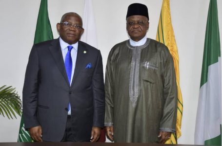 Secretary General of the Organisation of African Caribbean and Pacific States,  Georges Rebelo Pinto Chikoti (left ) and the Minister of State  for Foreign Affairs, Amb. Zubairu Dada   at the Ministry as part of the Secretary General’s  2-day working visit to Nigeria 